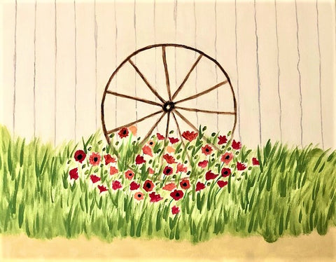 POPPIES & METAL WAGON WHEEL - HAPPINESS IN HARMONY